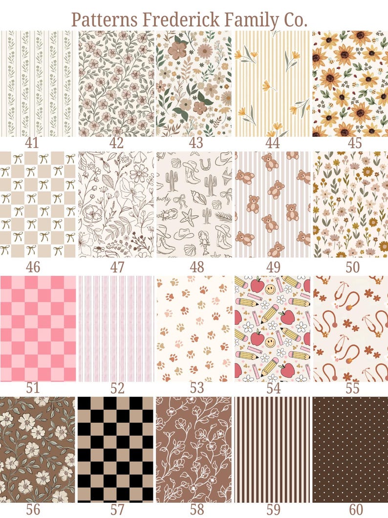 Puede incluir: Una colecci&oacute;n de patrones de tela con varios dise&ntilde;os. Los patrones incluyen estampados florales, a rayas, a cuadros y tem&aacute;ticos. La paleta de colores incluye beige, rosa, marr&oacute;n y negro. El texto "Patterns Frederick Family Co." est&aacute; en la parte superior.