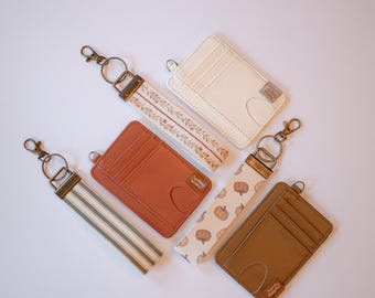 Fall Card Holder Keychain Wallet with Wrist Lanyard, Faux Leather Compact Card Holder