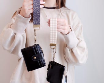 Faux Leather Bifold Keychain Wallet with Wrist Lanyard, Compact Card Holder