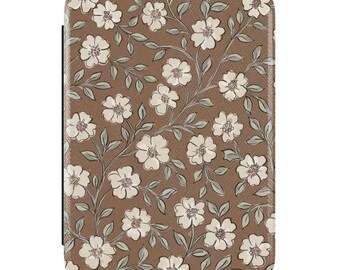 Floral Kindle Case with Hand Strap, PU Leather Back, Magnetic Closure
