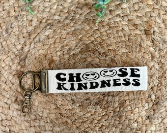 Choose Kindness Custom Canvas Wrist Keychain Lanyard | Custom Lanyard | Key Fob Wristlet | Car Key Holder | Cute Keychain | Retro Smiley