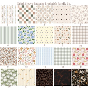 May include: A digital display titled Drink Sleeve Patterns Frederick Family Co. featuring twenty numbered squares with various designs including floral prints, checkered patterns, polka dots, stripes, leopard print, and school supplies like pencils and apples.
