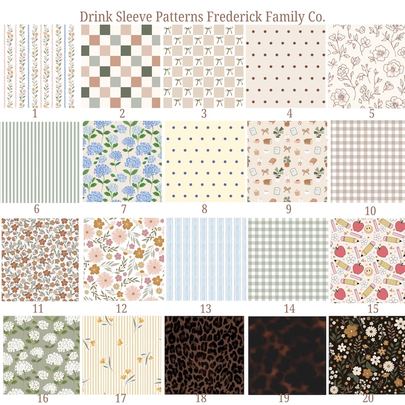 May include: A digital display titled Drink Sleeve Patterns Frederick Family Co. featuring twenty numbered squares with various designs including floral prints, checkered patterns, polka dots, stripes, leopard print, and school supplies like pencils and apples.