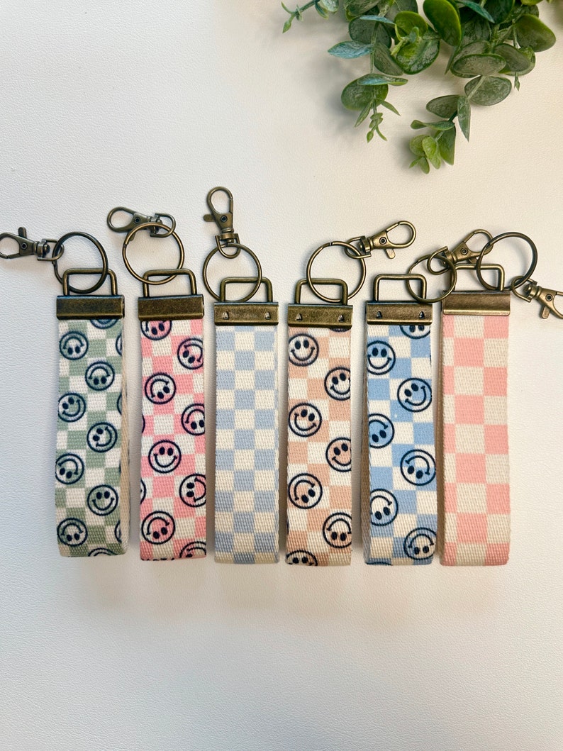 Canvas Wrist Keychain Lanyard, Custom Lanyard, Key Fob Wristlet, Car Key Holder, Cute Keychain, Preppy Retro Boho Smiley Keychain Lanyard image 3