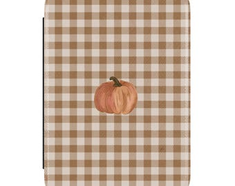 Fall Gingham Pumpkin Kindle Case, Hand Strap, PU Leather Back (Paperwhite 11/12)