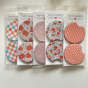 Car Coasters, Set of 2 Car Floral Coasters, Cute Car Accessories, Cup Holder Coasters, Preppy Retro Smiley Daisy Checker Car Coasters