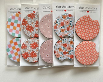 Car Coasters, Set of 2 Car Floral Coasters, Cute Car Accessories, Cup Holder Coasters, Preppy Retro Smiley Daisy Checker Car Coasters