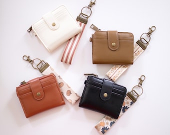 Fall Bifold Keychain Wallet with Wrist Lanyard, Faux Leather Compact Card Holder