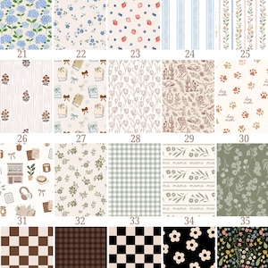 Puede incluir: Una colecci&oacute;n de patrones de tela, numerados del 21 al 40, con dise&ntilde;os florales, geom&eacute;tricos y tem&aacute;ticos. Los patrones incluyen hortensias azules, fresas y ar&aacute;ndanos, rayas y cuadros. El texto "Patterns Frederick Family Co." est&aacute; en la parte superior.