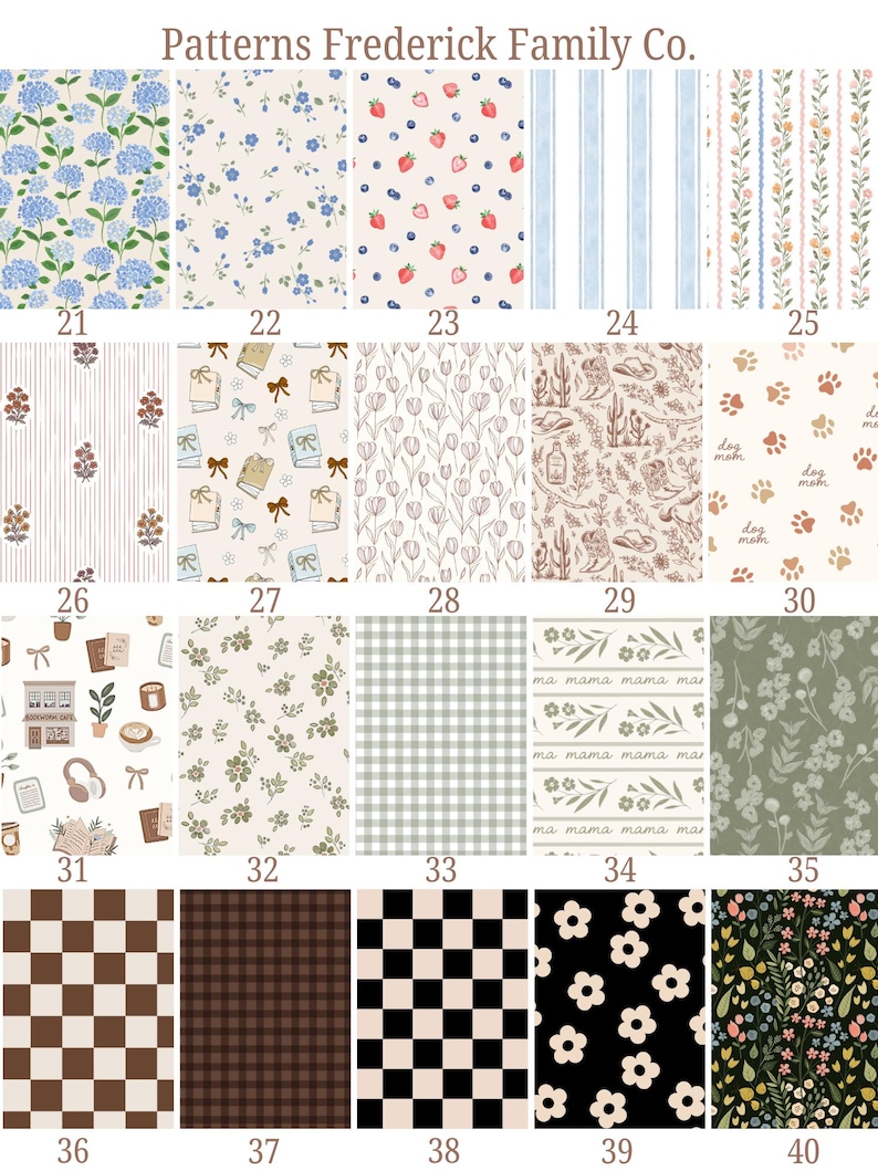 Puede incluir: Una colecci&oacute;n de patrones de tela, numerados del 21 al 40, con dise&ntilde;os florales, geom&eacute;tricos y tem&aacute;ticos. Los patrones incluyen hortensias azules, fresas y ar&aacute;ndanos, rayas y cuadros. El texto "Patterns Frederick Family Co." est&aacute; en la parte superior.