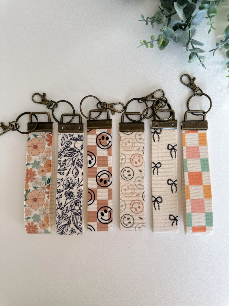 Canvas Wrist Keychain Lanyard, Custom Lanyard, Key Fob Wristlet, Car Key Holder, Cute Keychain, Preppy Retro Boho Smiley Keychain Lanyard image 1