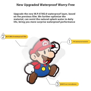 May include: A cartoon illustration of a red and blue character with a red hat and moustache. The character is running and jumping. The image shows three layers of protection: a waterproof film, a PVC waterproof material, and a non-trace adhesive.