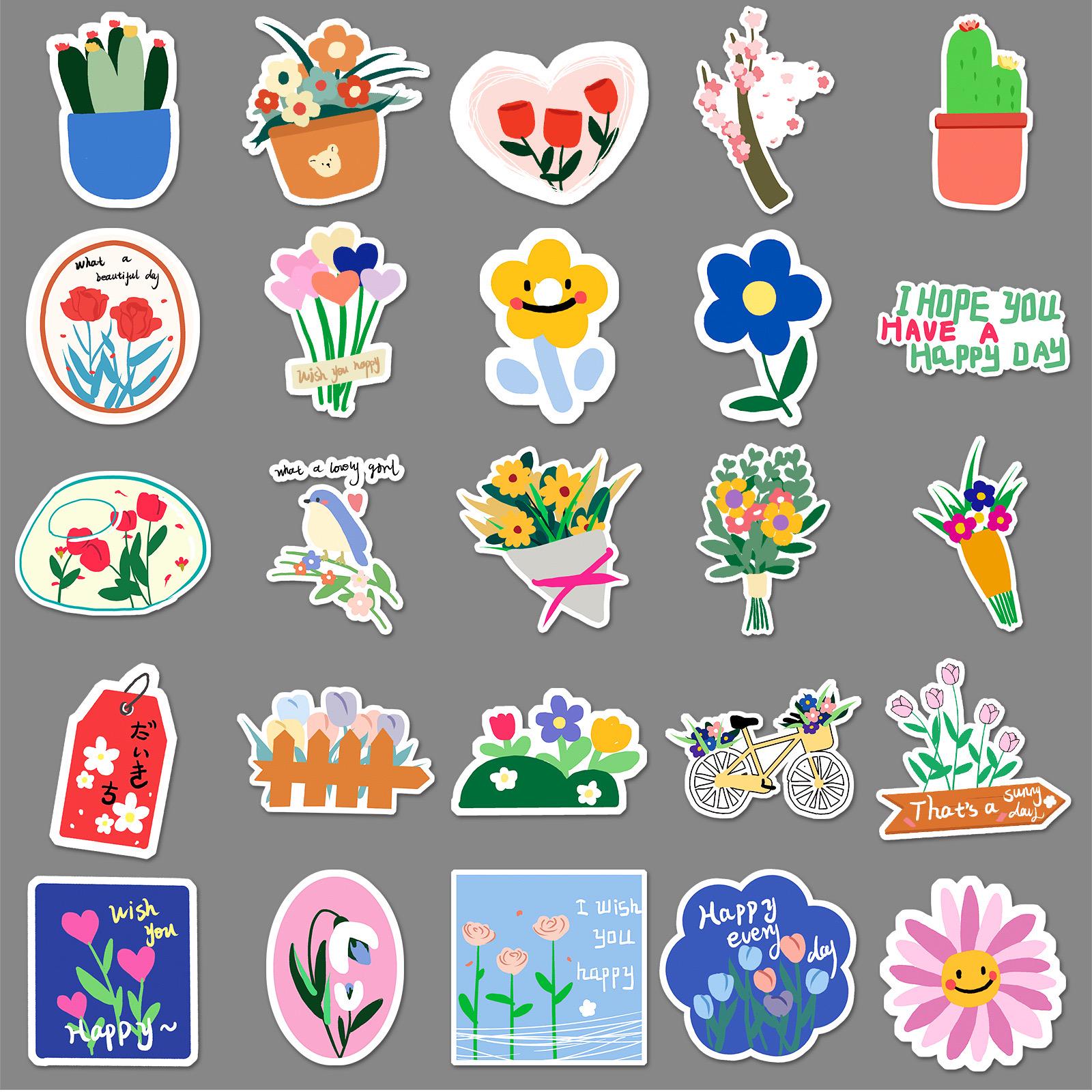 Hand-drawn Flower Stickers | 50pcs Cute Plant Art- Waterproof Stickers ...