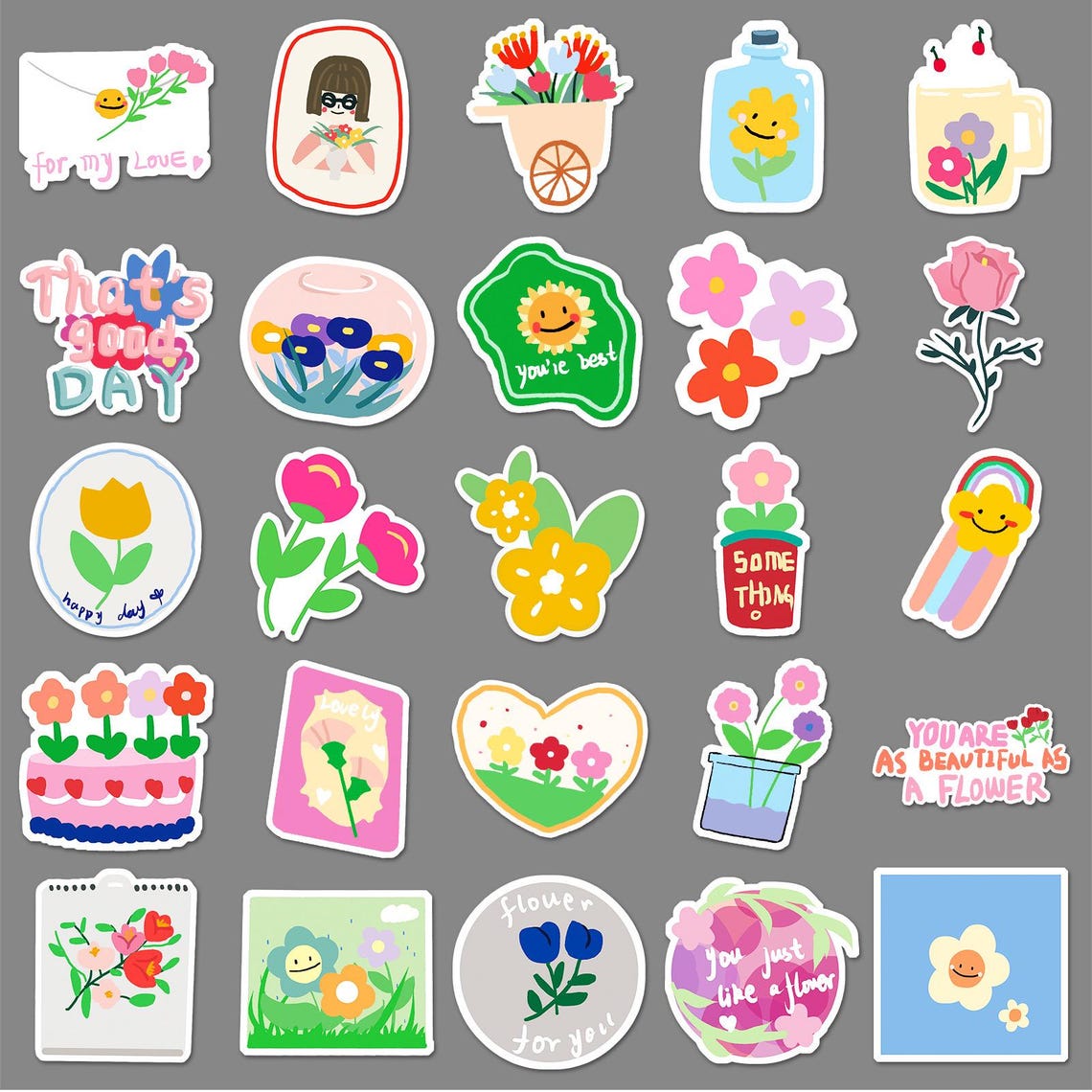 Hand-drawn Flower Stickers | 50pcs Cute Plant Art- Waterproof Stickers ...
