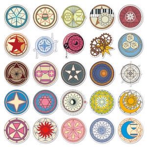 Könnte beinhalten: Set mit 25 bunten runden Aufklebern mit geometrischen Designs. Jeder Aufkleber zeigt ein anderes Muster mit Sternen, Kreisen und anderen Formen. Die Aufkleber sind perfekt, um Notizbüchern, Laptops, Wasserflaschen und vielem mehr einen Hauch von Verspieltheit zu verleihen.