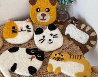 Handmade Wool Felt Animal Coasters | Cat & Bear Decor