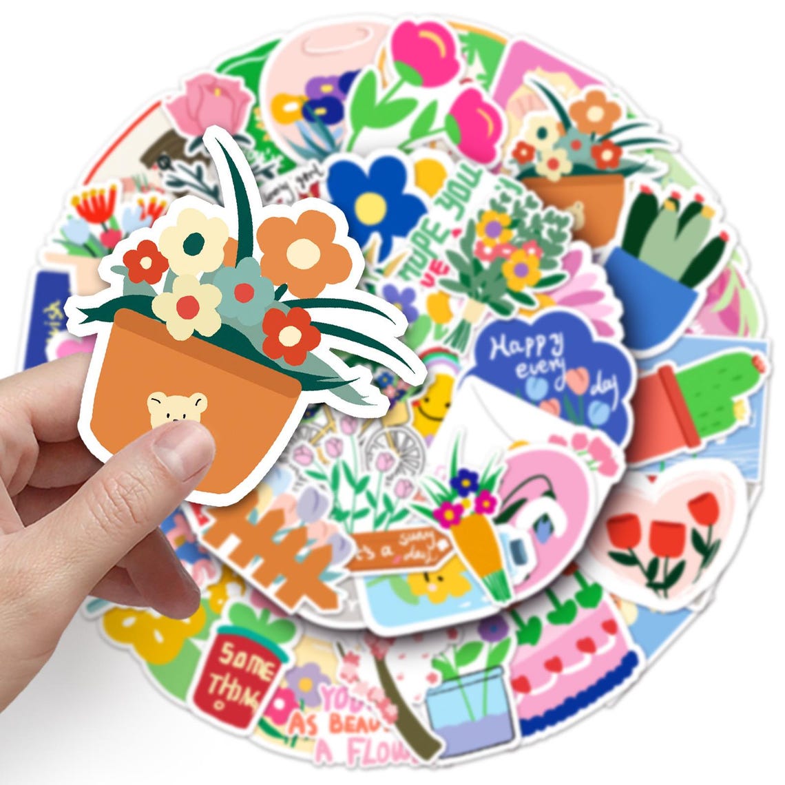 Hand-drawn Flower Stickers | 50pcs Cute Plant Art- Waterproof Stickers ...