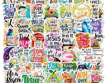 May include: A collection of colorful stickers with inspirational quotes and religious themes. The stickers feature floral designs, butterflies, and various fonts. Phrases include "Jesus Saves," "Faith Over Fear," and "Create the life you want to live."