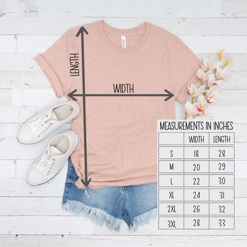 May include: A peach-colored t-shirt with a size chart showing width and length measurements in inches.