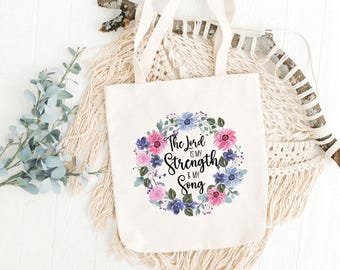 Bolsa de mano "El Señor es mi fuerza", bolsa de mano de Jesús, regalo para el Día de la Madre, regalo de bautismo para mi mejor amiga, bolsa de estudio bíblico, bolsa de mano con escrituras florales