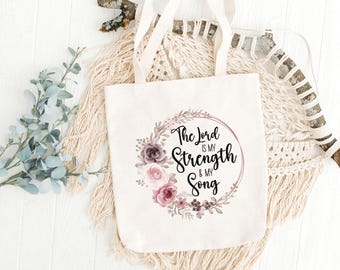 Bolso de tela "El Señor es mi fuerza", bolso de tela "Jesús", regalo para el Día de la Madre, regalo para la mejor amiga, regalo de bautismo, bolso de tela para estudio bíblico, bolso de tela con versículos florales.