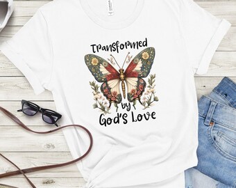 Camiseta de mariposa "Transformado por el amor de Dios", Camiseta de mariposa, Camiseta bohemia, Camiseta para amantes de las mariposas, Camiseta para campamento bíblico, Regalo religioso, Camiseta de Jesús