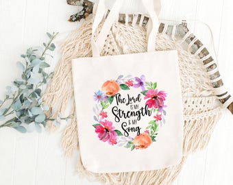 Bolsa de mano "El Señor es mi fuerza", bolsa de mano "Jesús", regalo para el Día de la Madre, mejor amiga, regalo de bautismo, bolsa de estudio bíblico, bolsa de mano con escrituras florales