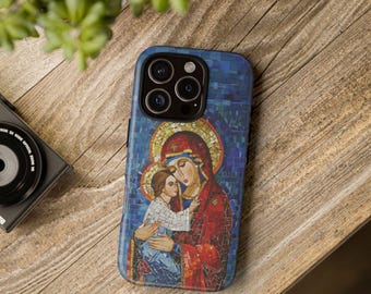 Funda para iPhone Samsung Galaxy Virgen María Theotokos Panagia y Cristo Icono de mosaico bizantino Cristiano ortodoxo