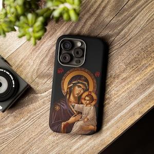 Theotokos Panagia Jungfrau Maria schwarz iPhone Samsung Galaxy Case Mosaik-Symbol Christus Christian Wege