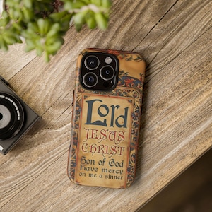 Funda para iPhone y Samsung Galaxy con diseño inspirado en el manuscrito bizantino cristiano ortodoxo con oración de Jesús
