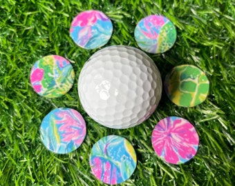 Tropical golf ball markers with magnetic hat clip. Set of 3 coordinated metal markers. Ladies golf gift. Golf accessory.