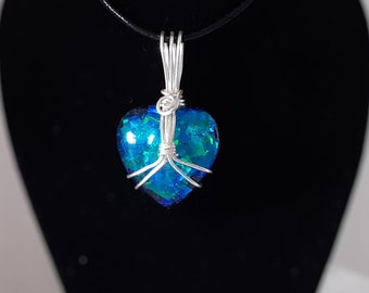 BLUE OPAL:  Handmade Blue Opalescent Fantasy Resin Ladies' Heart Pendant