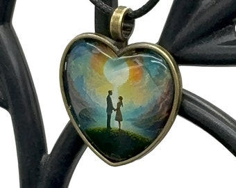 Twilight Embrace - Romantic Couple Cabochon Pendant, Eternity of Love Captured in Art