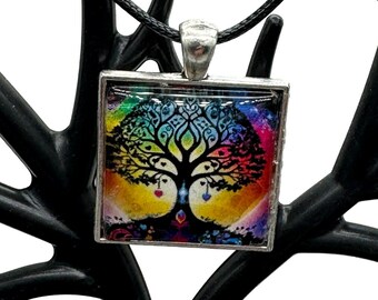 Spectrum of Harmony: Rainbow Tree Aura Glass Cabochon Pendant - Embrace Unity and Love
