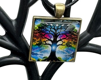 Enchanted Rainbow Tree Aura Glass Cabochon Pendant: Journey of Personal Growth and Enlightenment