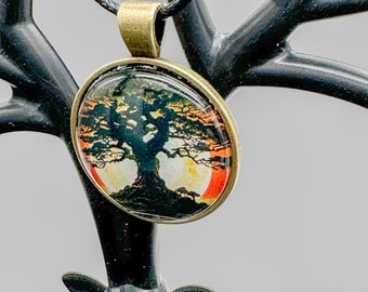 Enlightened Dawn- Oriental Tree of Life Glass Cabochon Pendant