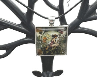 Enchanted Fairy Jar Pendant- Handcrafted AI Art Glass Cabochon Necklace with Silver Setting