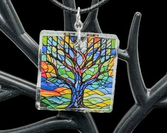 Radiant Stained Glass Tree Resin Pendant: Handcrafted Artistic Jewelry Infused with Love & Resilience