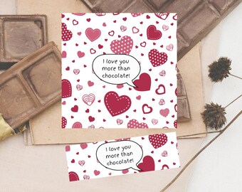 Envoltorio imprimible para barra de chocolate de barra de chocolate de San Valentín Te amo más que chocolate Envoltorio de barra de chocolate de San Valentín