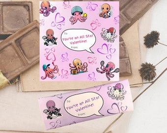 Printable Valentine Candy Bar Chocolate Bar Wrapper Cute All Star Octopus Valentine Candy Bar Wrapper