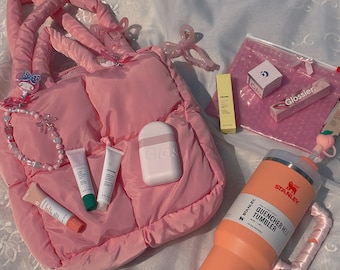 Pink Peach Puffer Tote Bag – Lightweight Quilted Tote for Nurses, Students, & Everyday Use – Soft Girl Pink Aesthetic Work Bag