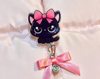 Kawaii Black Cat Badge Reel – Cute Pink Bow RN ID Holder for Nurses, CNAs, Students – Sanrio-Inspired Badge Clip for Healthcare Girlies