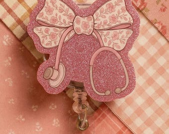 Pink Floral Bow Stethoscope Badge Reel - Nurse ID Holder