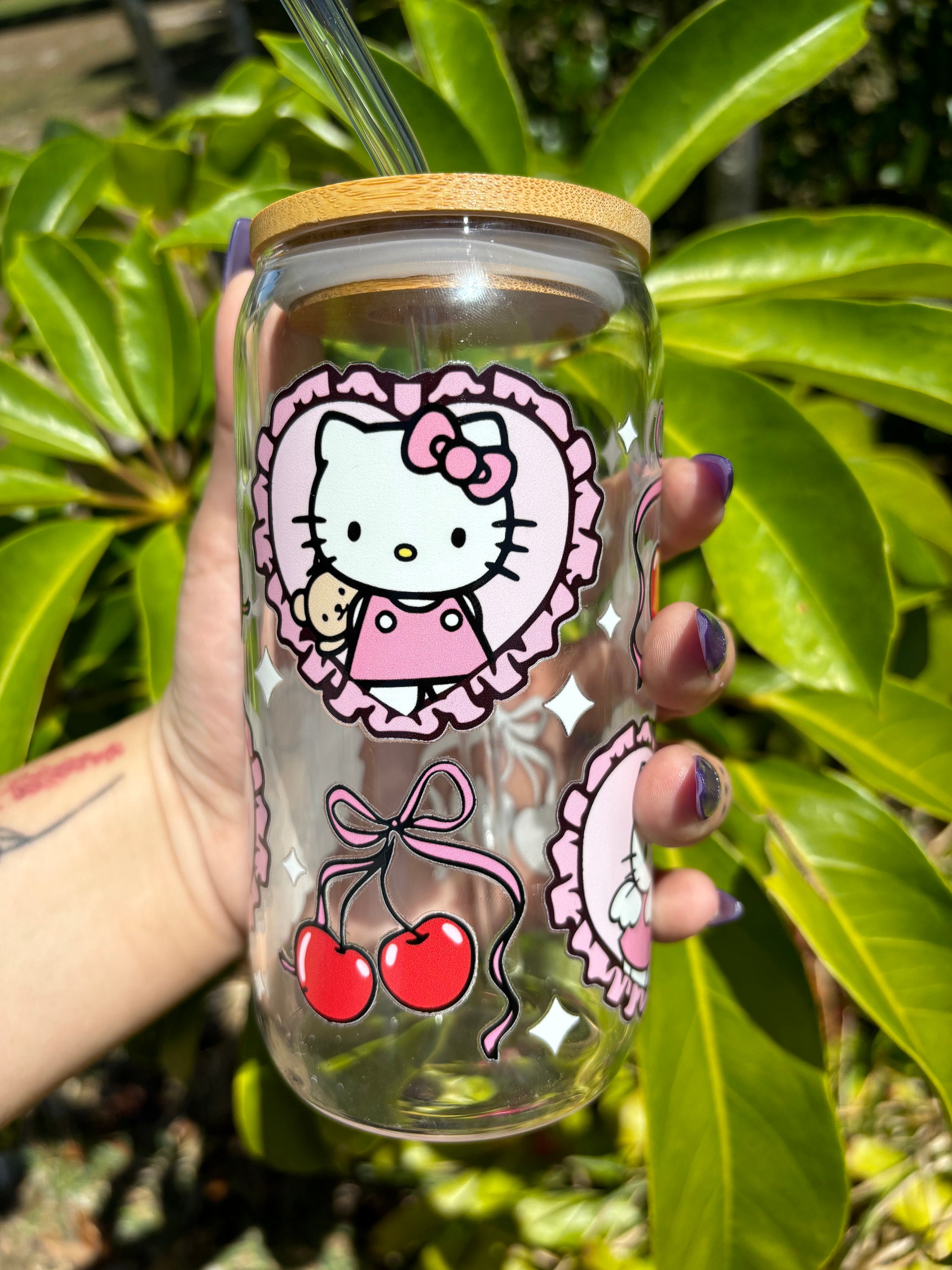 Hello Kitty Cherry Glass Tumbler – Aesthetic Kawaii Iced Coffee Cup with Straw – Cute Gift for Nurses, Students & Sanrio Lovers