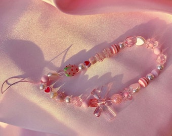 Strawberry Beaded Phone Charm – Pink Aesthetic Kawaii Wrist Strap for iPhone & Android – Y2K Strawberry Fields Forever Soft Girl Accessory