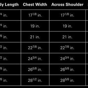 Pu&ograve; includere: Un grafico in bianco e nero che dettaglia le misure dei capi. Il grafico include le taglie XS-3XL, con misure per la lunghezza del corpo davanti, la larghezza del petto, la larghezza delle spalle e la lunghezza delle maniche in pollici. Il testo &egrave; bianco.