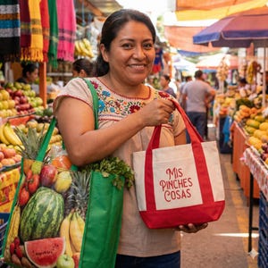 K&ouml;nnte beinhalten: Eine l&auml;chelnde Frau h&auml;lt zwei Einkaufstaschen auf einem Markt. Eine gr&uuml;ne Tasche ist mit Obst und Gem&uuml;se gef&uuml;llt. Die andere ist eine rot-wei&szlig;e Tragetasche mit dem Text "Mis Pinches Cosas". Bunte Produkte und Marktst&auml;nde f&uuml;llen den Hintergrund.