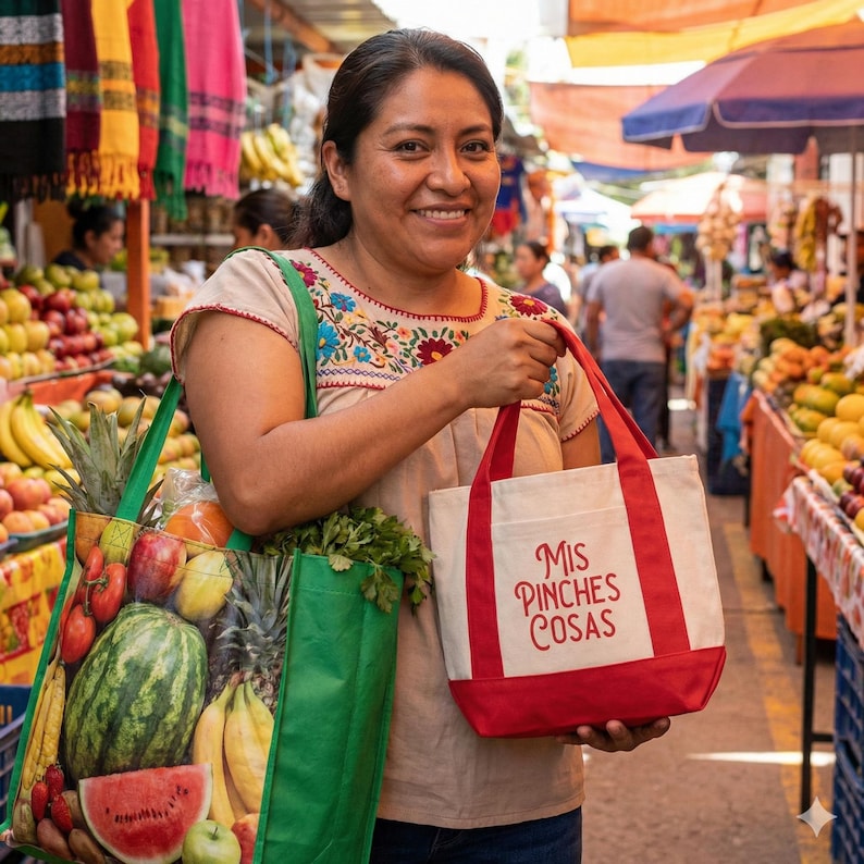 K&ouml;nnte beinhalten: Eine l&auml;chelnde Frau h&auml;lt zwei Einkaufstaschen auf einem Markt. Eine gr&uuml;ne Tasche ist mit Obst und Gem&uuml;se gef&uuml;llt. Die andere ist eine rot-wei&szlig;e Tragetasche mit dem Text "Mis Pinches Cosas". Bunte Produkte und Marktst&auml;nde f&uuml;llen den Hintergrund.