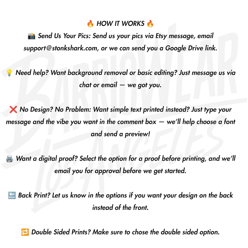 May include: An informational graphic titled HOW IT WORKS with black text on a white background. It outlines steps for custom printing, including sending photos to support@stonkshark.com, requesting background removal, text design, digital proofs, back printing, and double-sided options.