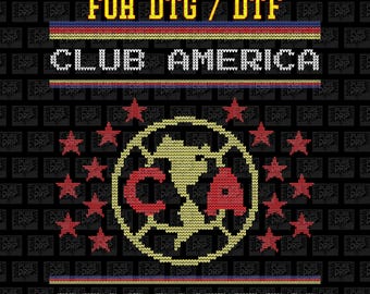 Puede incluir: Una descarga digital de un gráfico de estilo tejido que presenta el logotipo del equipo de fútbol Club América. El logotipo es un círculo amarillo y rojo con las letras "CA" dentro. El gráfico también incluye el texto "Tricampeon" y las palabras "PNG Ready to Print File for DTG/DTF".